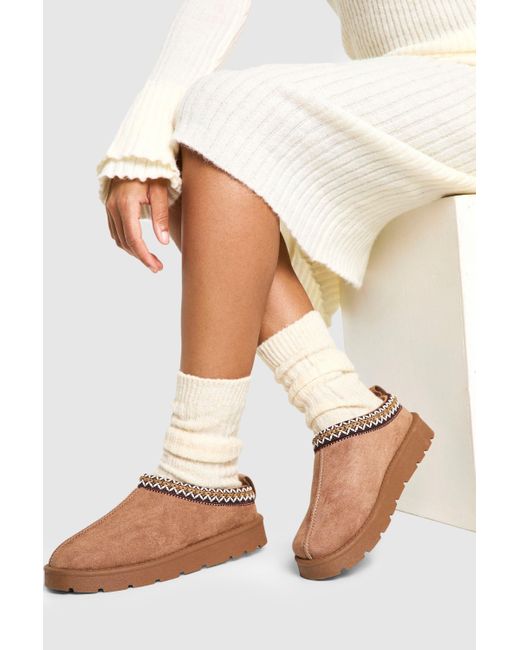 Boohoo Natural Embroidered Cosy Mules