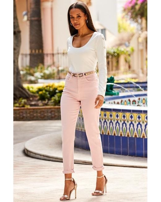 Sosandar Pink Soft Slim Leg Mom Jeans