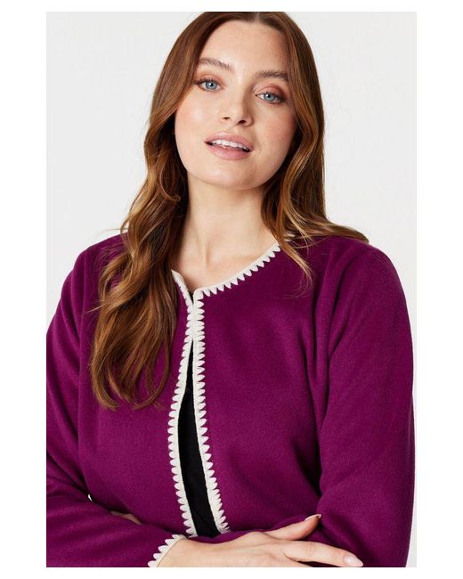 Izabel London Purple Blanket Stitch Open Front Coat Bouclé