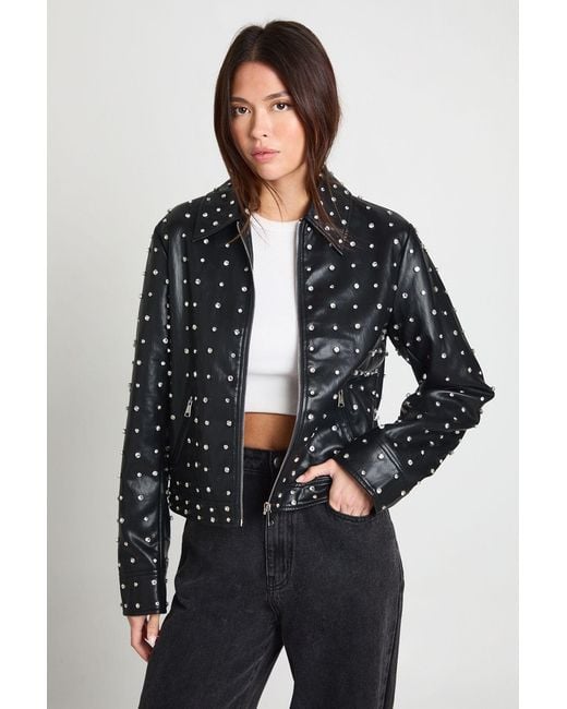 Boohoo Black Super Soft Premium Faux Leather Diamante Jacket