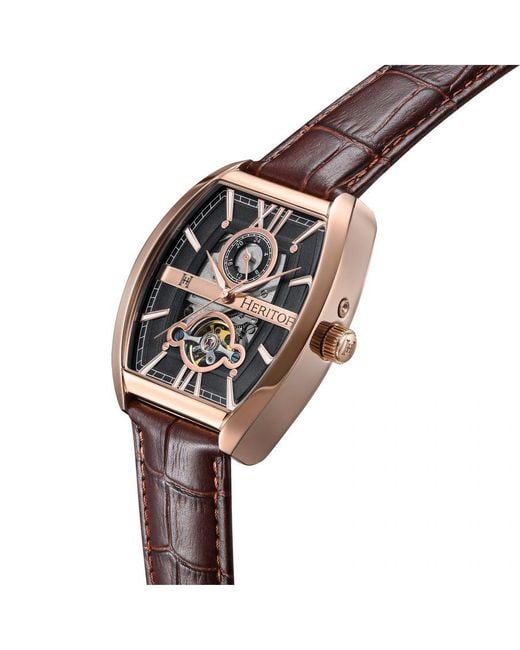 Heritor Brown Masterson Semi-Skeleton Leather-Band Watch for men