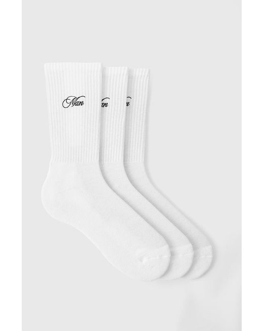 BoohooMAN White 3 Pack Script Embroidered Socks for men