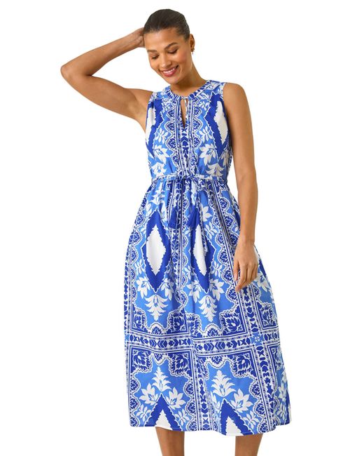 Roman Blue Abstract Halter Midi Dress