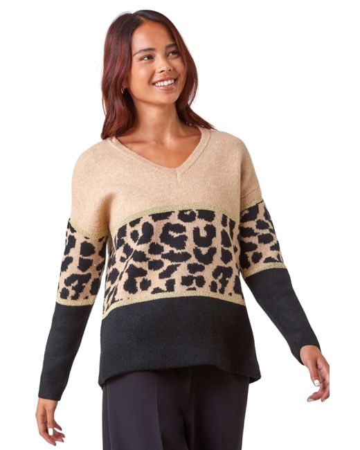 Roman Black Petite Animal Print Colourblock Jumper