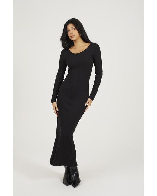 Brave Soul Black Scoop Back Ribbed Long Sleeve Maxi Dress