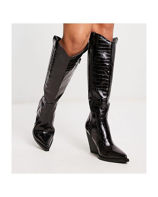 ASOS Black Wide Fit Catapult Heeled Western Knee Boots