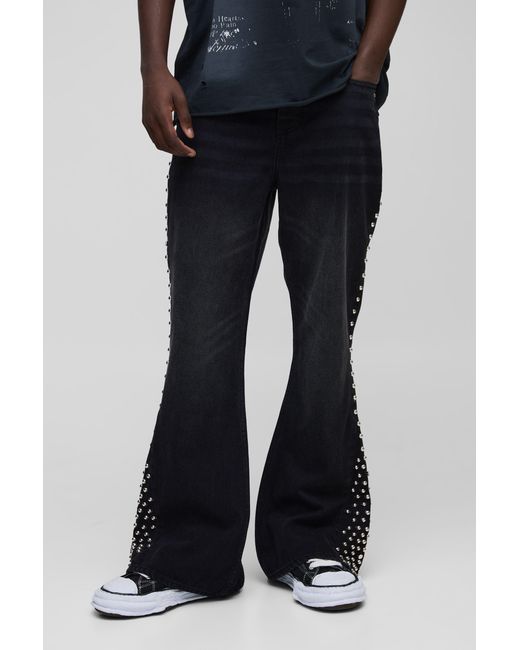 BoohooMAN Black Relaxed Flared Embellished Seam Gusset Jeans for men