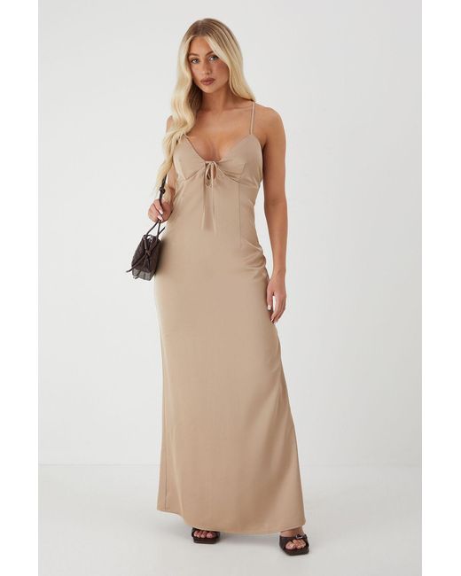 MissPap Natural Tie Detail Strappy Satin Maxi Dress