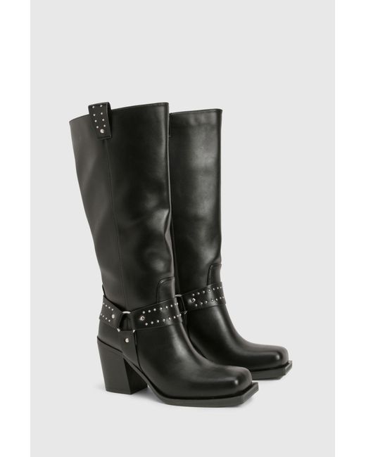 Boohoo Black Wide Fit Buckle Detail Western Biker Boots
