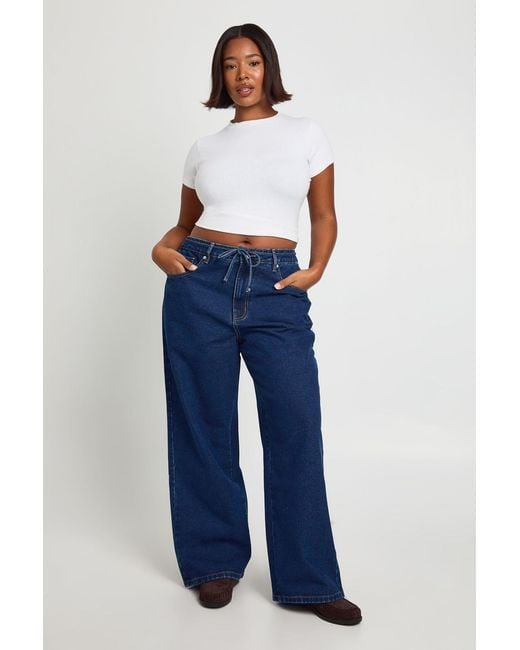 Boohoo Blue Plus Elasticated Back Tie Drawstring Straight Leg Jean