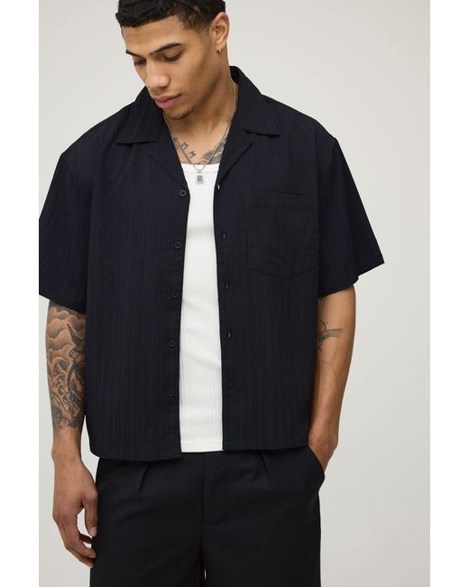 BoohooMAN Black Oversized Boxy Fit Short Sleeve Plunge Irregular Pleat Shirt for men