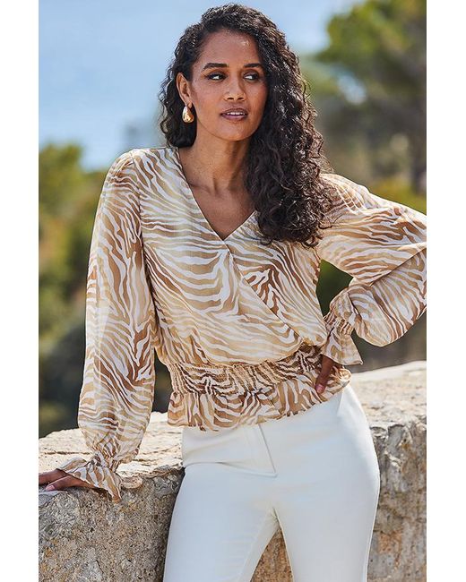 Sosandar Brown Natural Zebra Print Ruffle Hem Shirred Detail Wrap Top