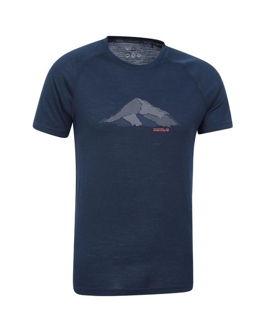 Mountain Warehouse Blue 'Quest' Merino Printed Graphic T-Shirt Casual Short Sleeve Crew Tee Top for men