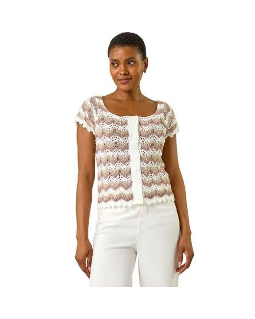 Roman White Wave Crochet Buttoned Top