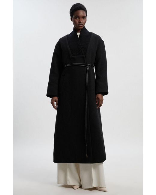 Karen Millen Black Wool Knitted Wrap Neck Belted Tailored Midi Coat