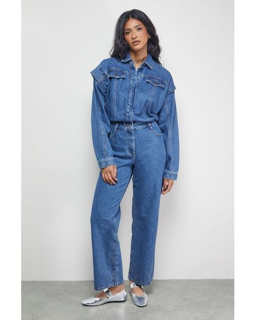 Warehouse Blue Tony Denim Jumpsuit With Stepped Shoulder Detail