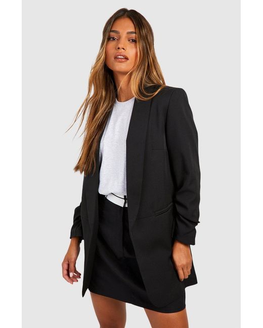 Boohoo Black Ruched Sleeve Tailored Blazer