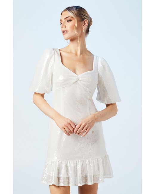 Oasis White Sweetheart Puff Sleeve Sequin Bridal Mini Dress