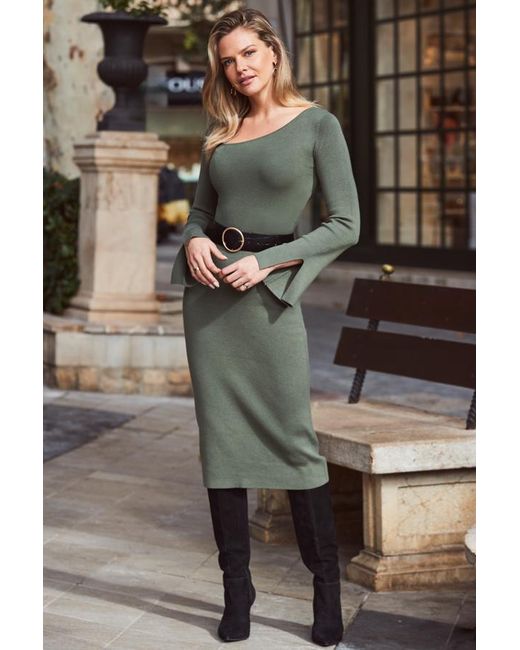 Sosandar Green Khaki Asymmetric Neckline Rib Knit Dress