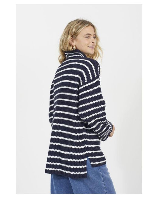 Brave Soul Blue Striped Fisherman Knit Zip Neck Tunic Jumper