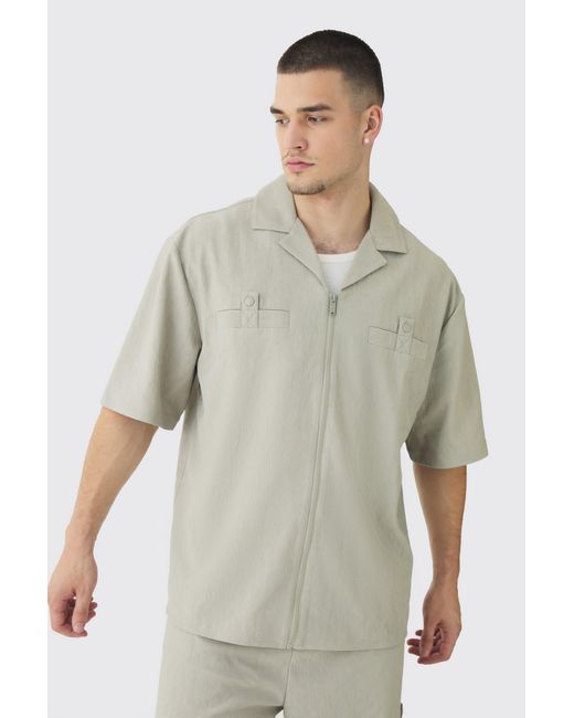 BoohooMAN Gray Tall Textured Pleated Zip Up Shirt for men