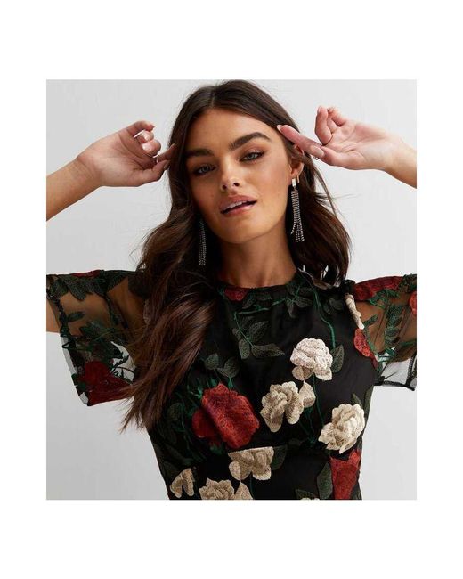 Gini London Black Angel Sleeves Embroidered Occasion Midi Dress