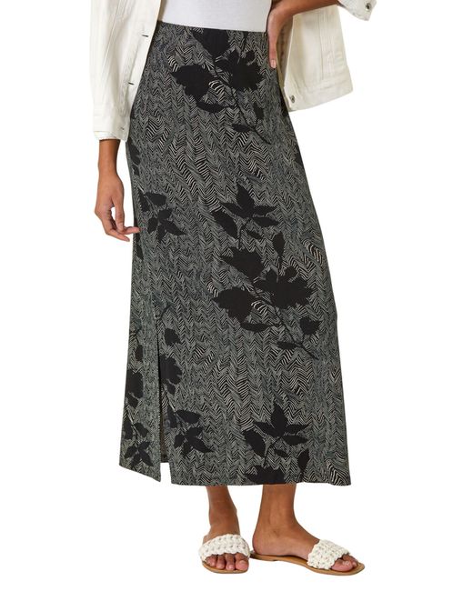 Roman Black Abstract Leaf Print Maxi Skirt
