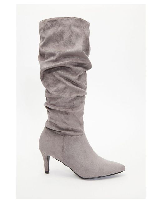 Quiz Gray Grey Ruched Knee High Heeled Boots