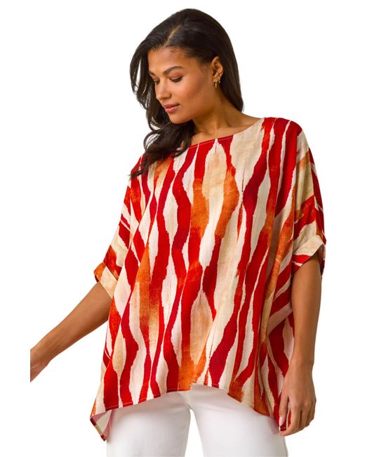 Roman Red Abstract Print Buttoned Tunic Top
