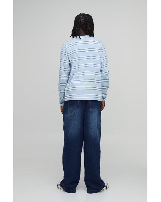 BoohooMAN Blue Stripe Long Sleeve Henley T-Shirt for men