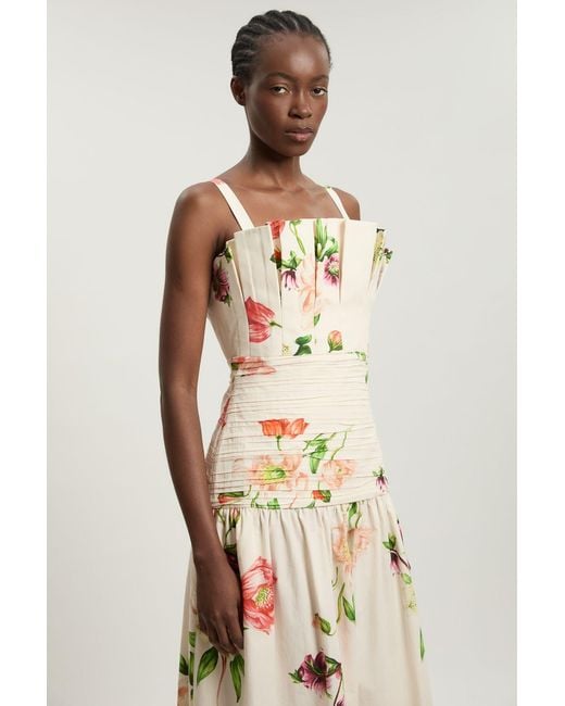 Karen Millen Natural Printed Poplin Pleated Midi Dress