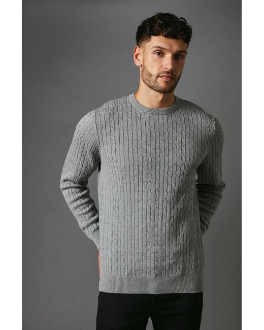 MAINE Gray Premium Pure Cotton Cable Crew Neck Jumper for men