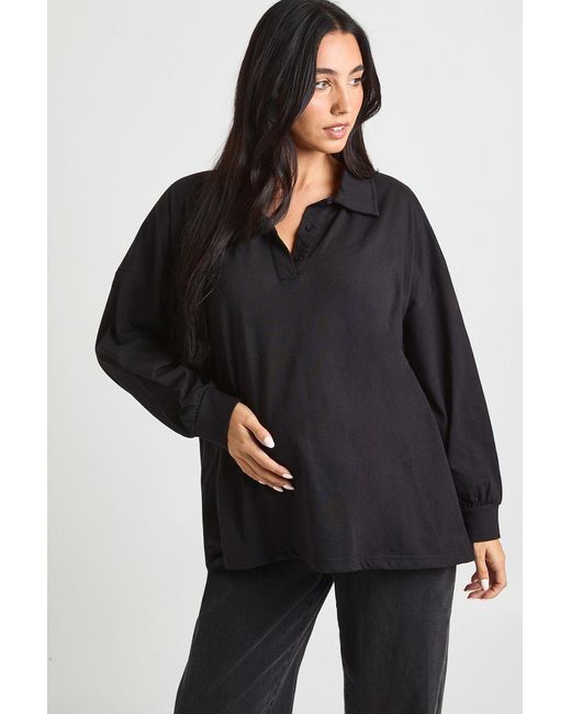 Boohoo Black Maternity Heavy Cotton Button Detail Collared Rugby Top