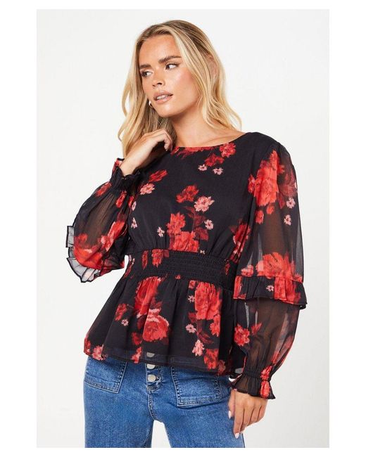 Dorothy Perkins Red Petite Ruffle Long Sleeve Chiffon Blouse