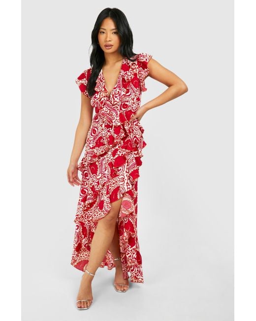 Boohoo Red Petite Tile Print Wrap Ruffle Maxi Dress