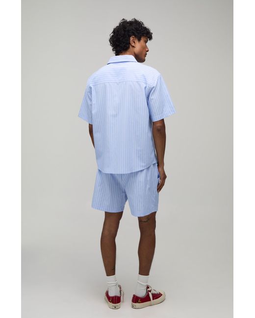 BoohooMAN Blue Stripe Poplin Curved Hem Star Embroidered Oversized Shirt & Baggy Short Set for men