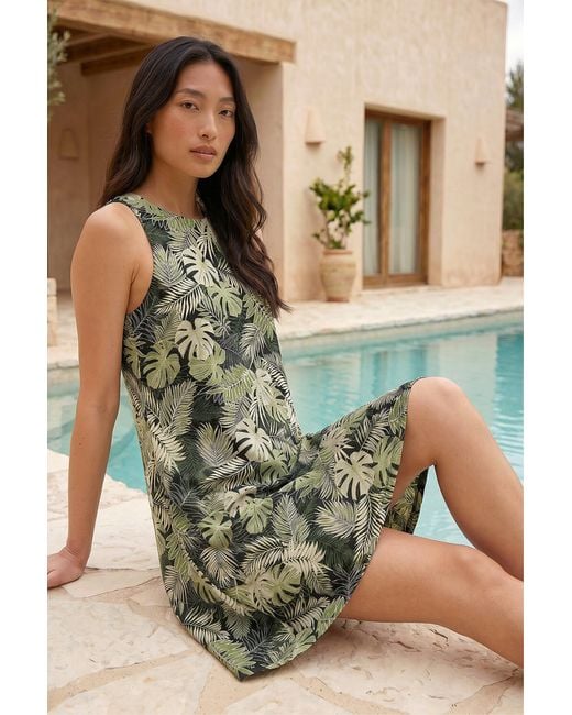 Roman Green Petite Leaf Print Stretch A-Line Dress