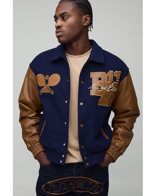 BoohooMAN Blue Boxy Ofcl Tennis Applique Melton Varsity Bomber Jacket for men