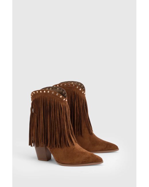 Boohoo Brown Faux Suede Fringe And Stud Detail Ankle Western Boots