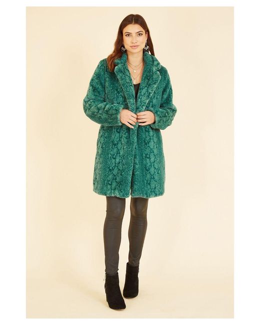 Yumi' Green Snakeskin Print Faux Fur Coat