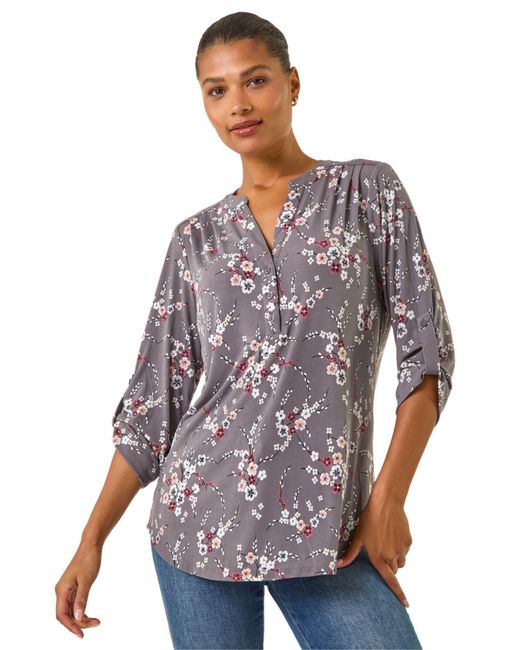 Roman White Floral Puff Print Stretch Shirt