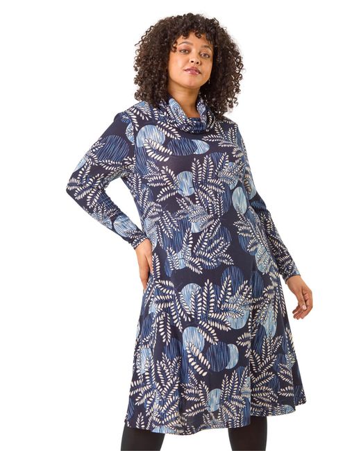Roman Blue Curve Leaf Print Cowl Neck Dress