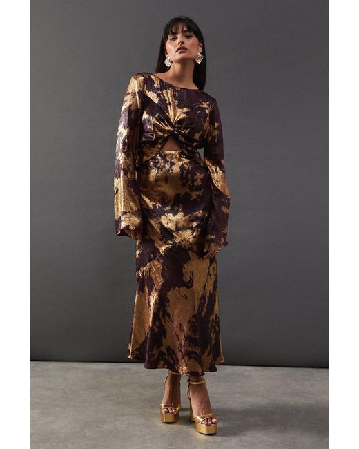 Warehouse Gray Metallic Marble Twist Front Bias Midi Dress