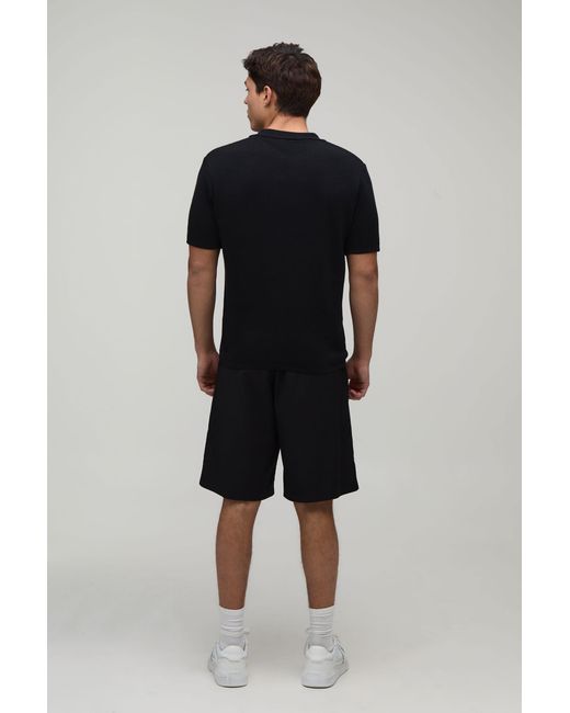 BoohooMAN Black Regular Fit Cotton Blend Ribbed Knitted Polo for men