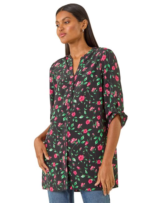 Roman Black Rose Print Longline Buttoned Blouse