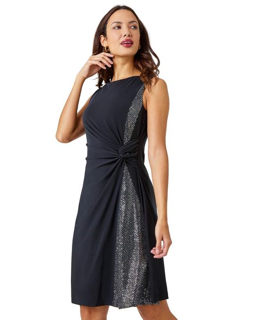 Roman Blue Side Twist Sleeveless Glitter Dress
