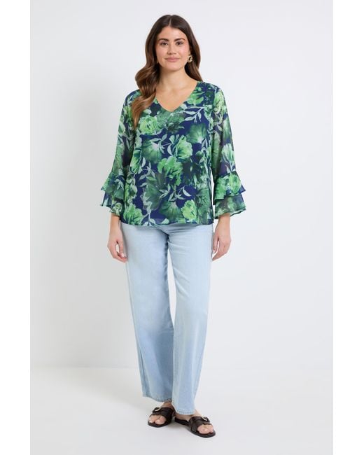 Wallis Blue Floral Flute Sleeve Top