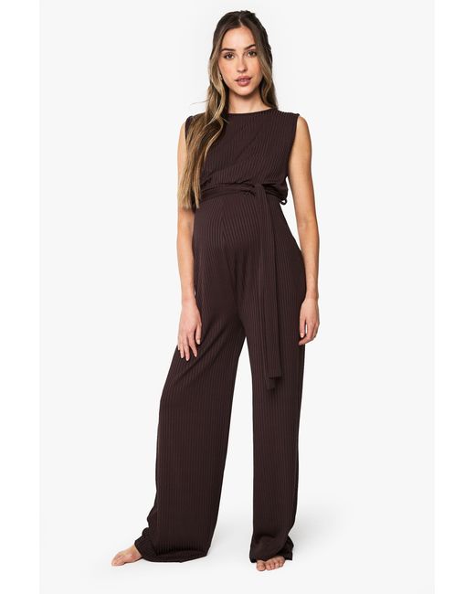 Boohoo Brown Maternity Rib Belted Sleeveless Lounge Jumpsuit