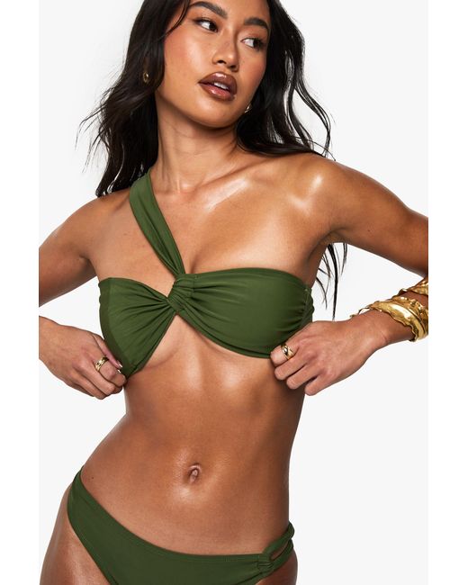 Boohoo Green Premium Satin Asymmetric Halterneck Bandeau Bikini Top