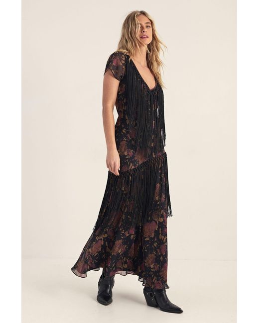 Nasty Gal Black Floral Chiffon Fringe Maxi Dress